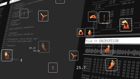 Animation-Mehrerer-Digitaler-Symbole-über-Die-Datenverarbeitung-Vor-Schwarzem-Hintergrund