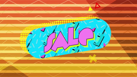 gráfico de venta en oval turquesa sobre un fondo a rayas multicolores