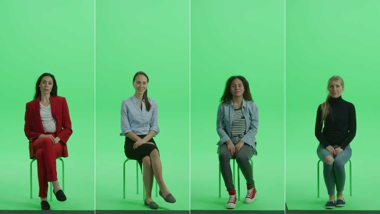 5 인 1 녹색 스크린 콜라지: 다양한 배경, 민족, 다른 나이의 아름다운 여성의 다섯 개의 초상화가 크로마 키 의자에 앉아 있습니다.