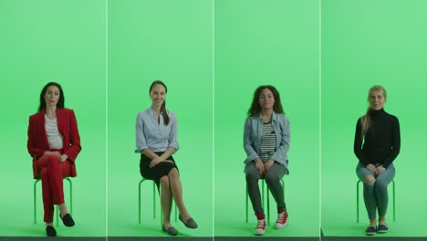 colage de pantalla verde 5-en-1: cinco retratos de mujeres hermosas de diversos orígenes, etnias, diferentes edades sentadas en la silla de la llave de croma. pantalla dividida de vista frontal. múltiples clips paquete de mejor valor