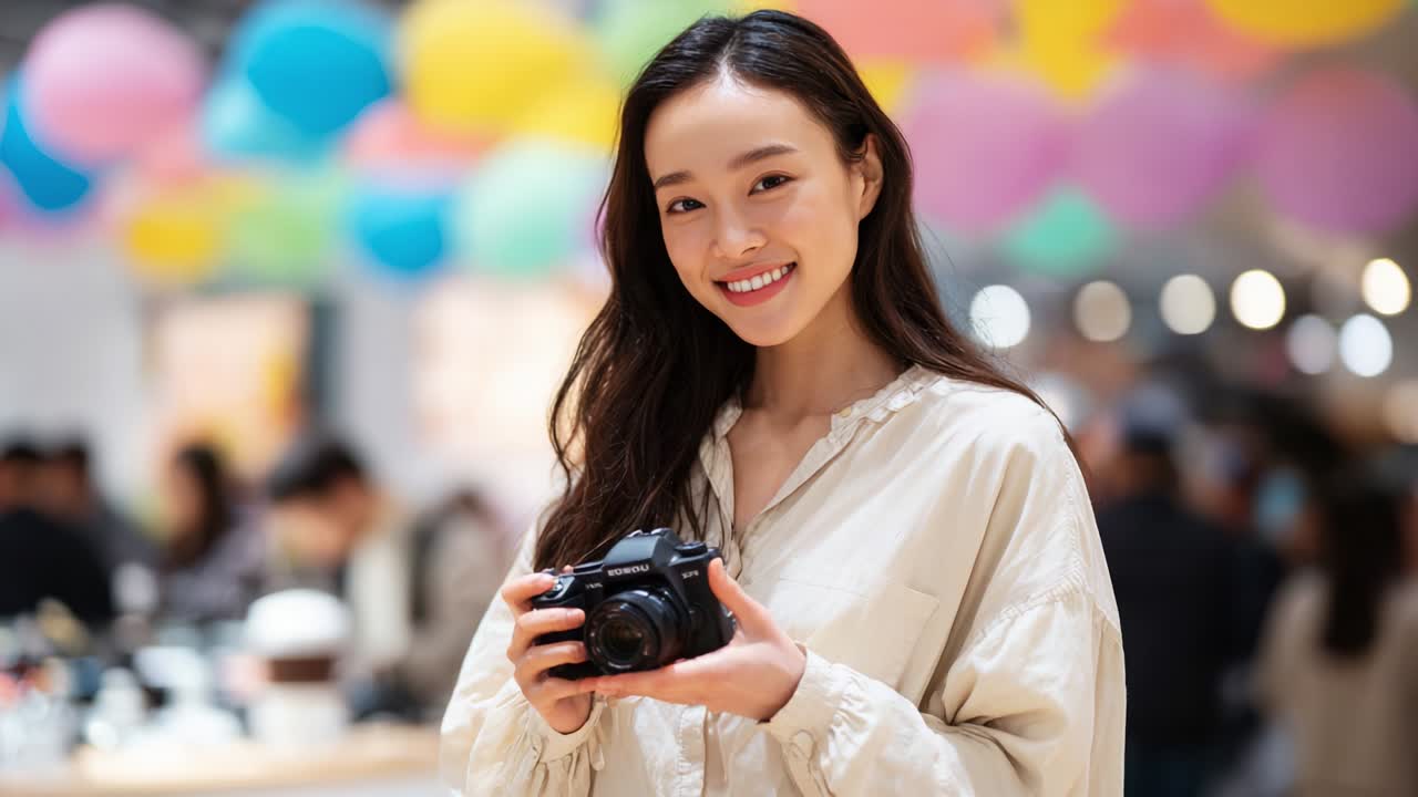カラフルな店内でカメラを持ち、写真への情熱を胸に抱きながら喜びと自信に満ち溢れている、笑顔の若い女性。鮮やかな装飾と魅力的な雰囲気に囲まれて。