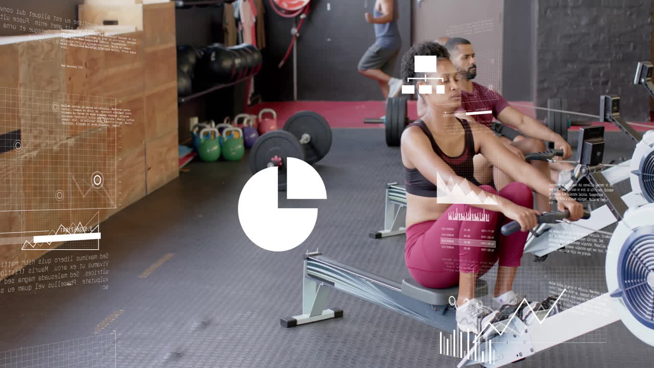animación del procesamiento de datos financieros sobre diversas personas que utilizan remador interior en el gimnasio