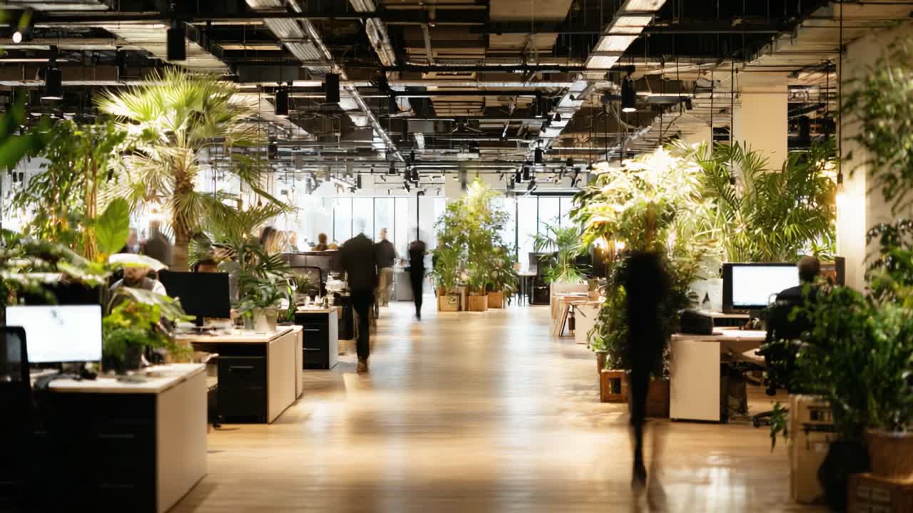 Espacio de oficina moderno con vegetación vibrante y un entorno de trabajo dinámico, que muestra la conexión entre la naturaleza y la productividad en el lugar de trabajo