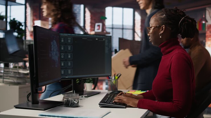 IT engineer interacts with AI LLM chatbot on PC in software development startup