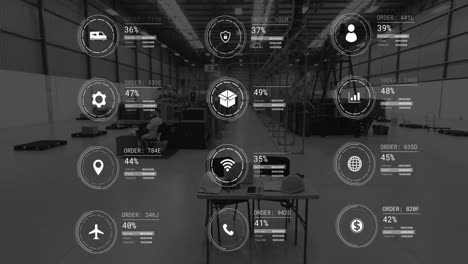 animation of icons with data processing over warehouse