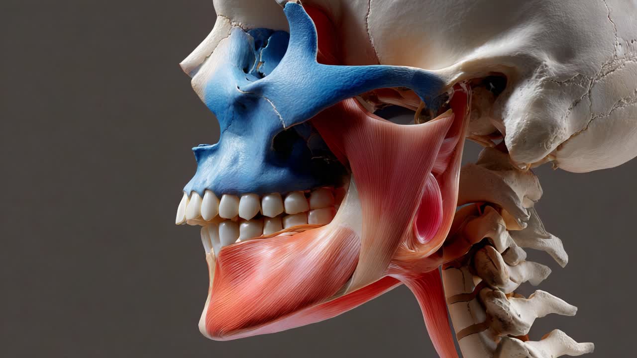 Detailed Anatomical Illustration of the Human Skull and Facial Muscles, Highlighting the Structure and Complexity of the Jaw, Teeth, and Surrounding Tissues in a Lifelike Model
