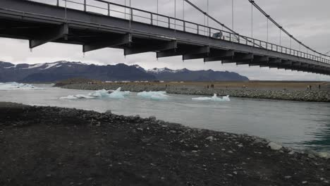 glacier lagoon in iceland with gimbal video walking forward under bridge