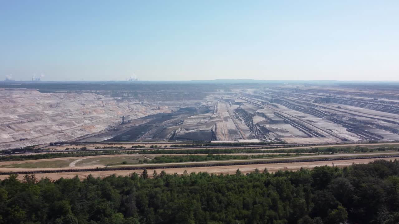 Hambach opencast lignite mine in the Rhenish lignite mining area near Düren in Germany, Aerial from right to left