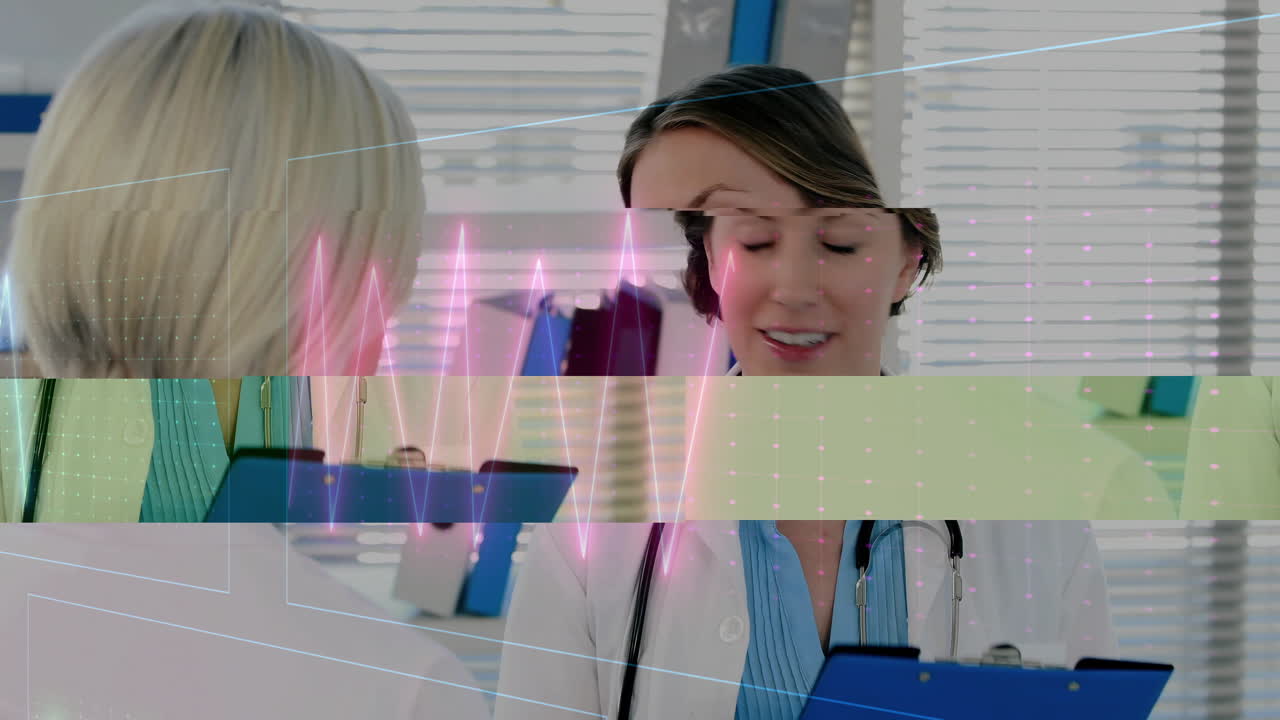 Animation of cardiograph over caucasian female doctor examining her patient