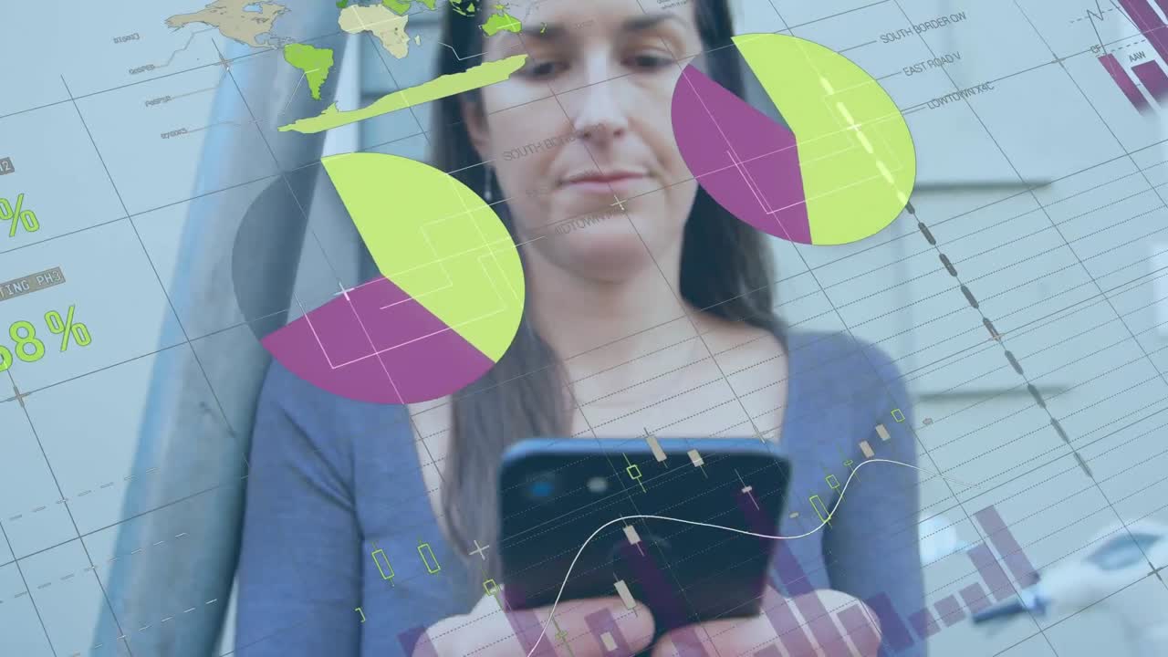 animación de estadísticas y procesamiento de datos sobre mujeres que usan teléfonos inteligentes