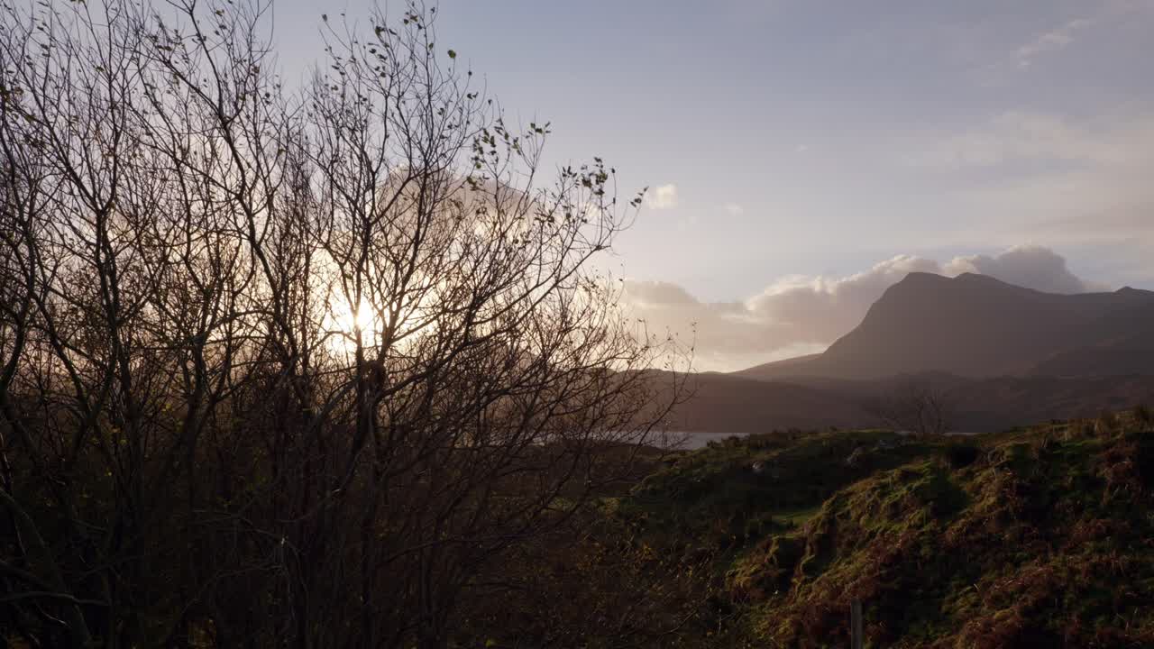 una puesta de sol dorada de invierno se abre paso entre las ramas de un árbol que se balancea en el viento con un fondo de montañas silueteadas en las tierras altas de escocia