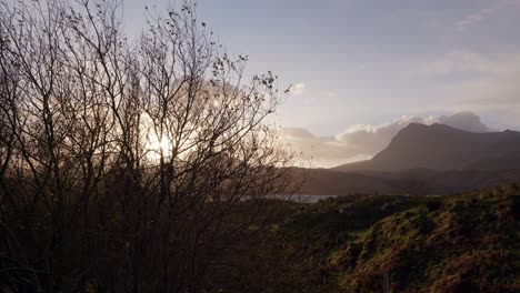 Ein-Goldener-Wintersonnenuntergang-Bricht-Durch-Die-Äste-Eines-Baumes,-Der-Sich-Im-Wind-Wiegt,-Vor-Dem-Hintergrund-Von-Silhouetten-Von-Bergen-Im-Schottischen-Hochland