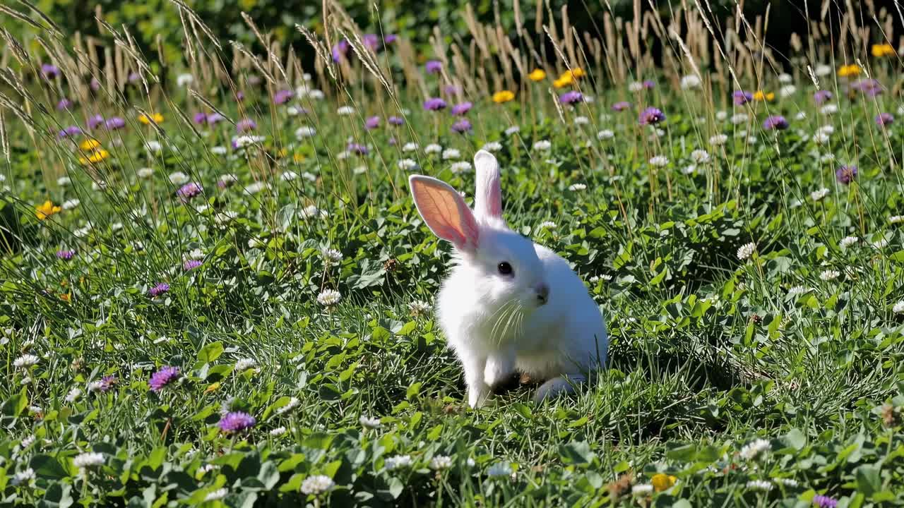 A low-angle video captures a white rabbit in a meadow, surrounded by wildflowers