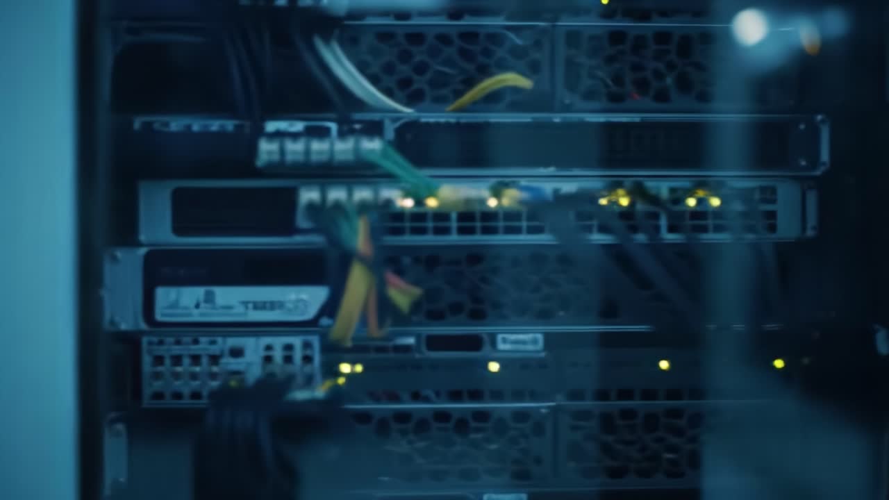 In a technology environment, illuminated server racks display active network connections. Cables are neatly organized while lights indicate system status in a controlled space.
