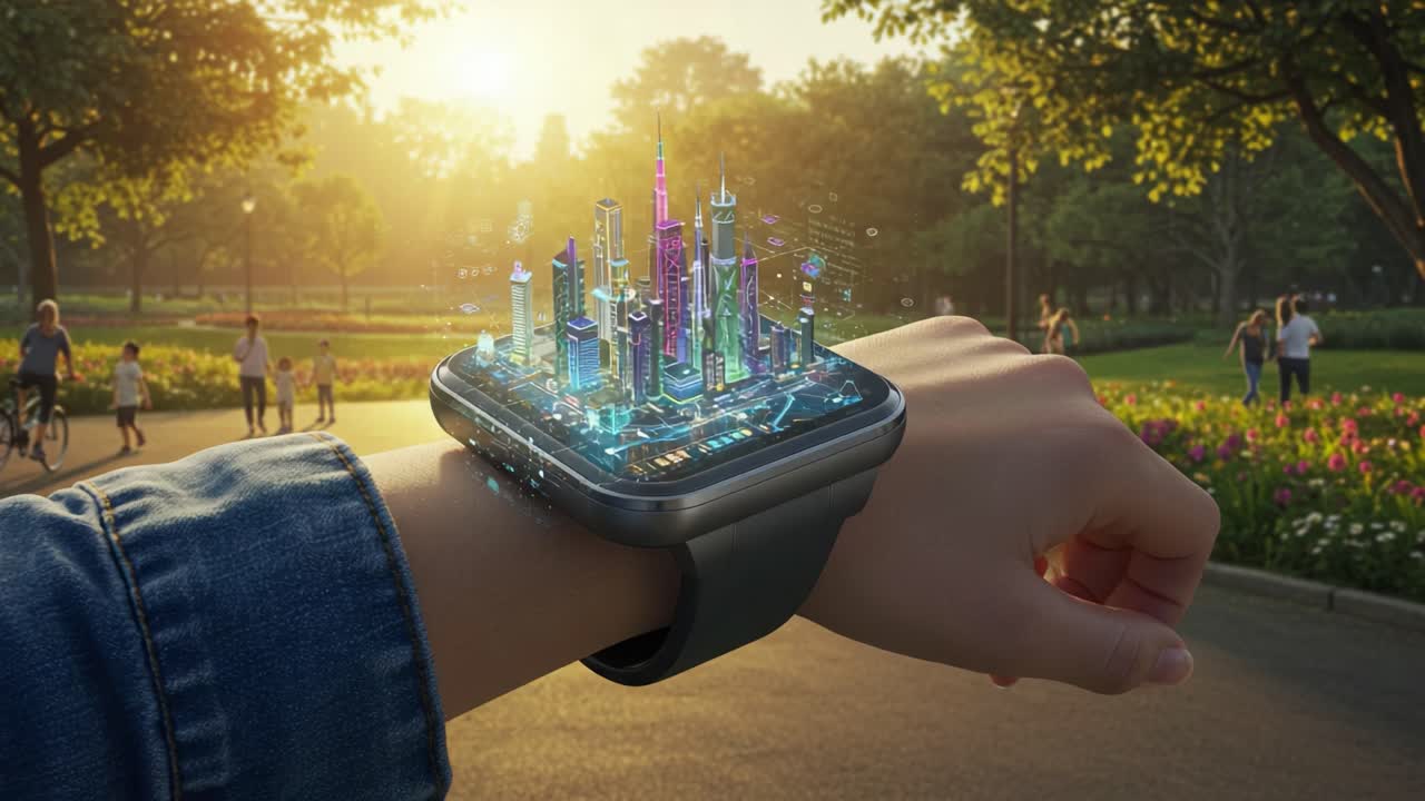 Futuristic Smartwatch Visualization: Showcasing a Glowing Cityscape on a Wearable Device in a Lush Urban Park Setting During Sunset