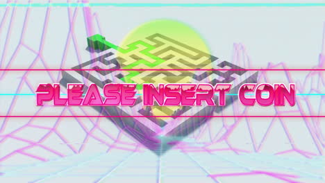 please insert coin text animation over neon geometric shapes and grid background