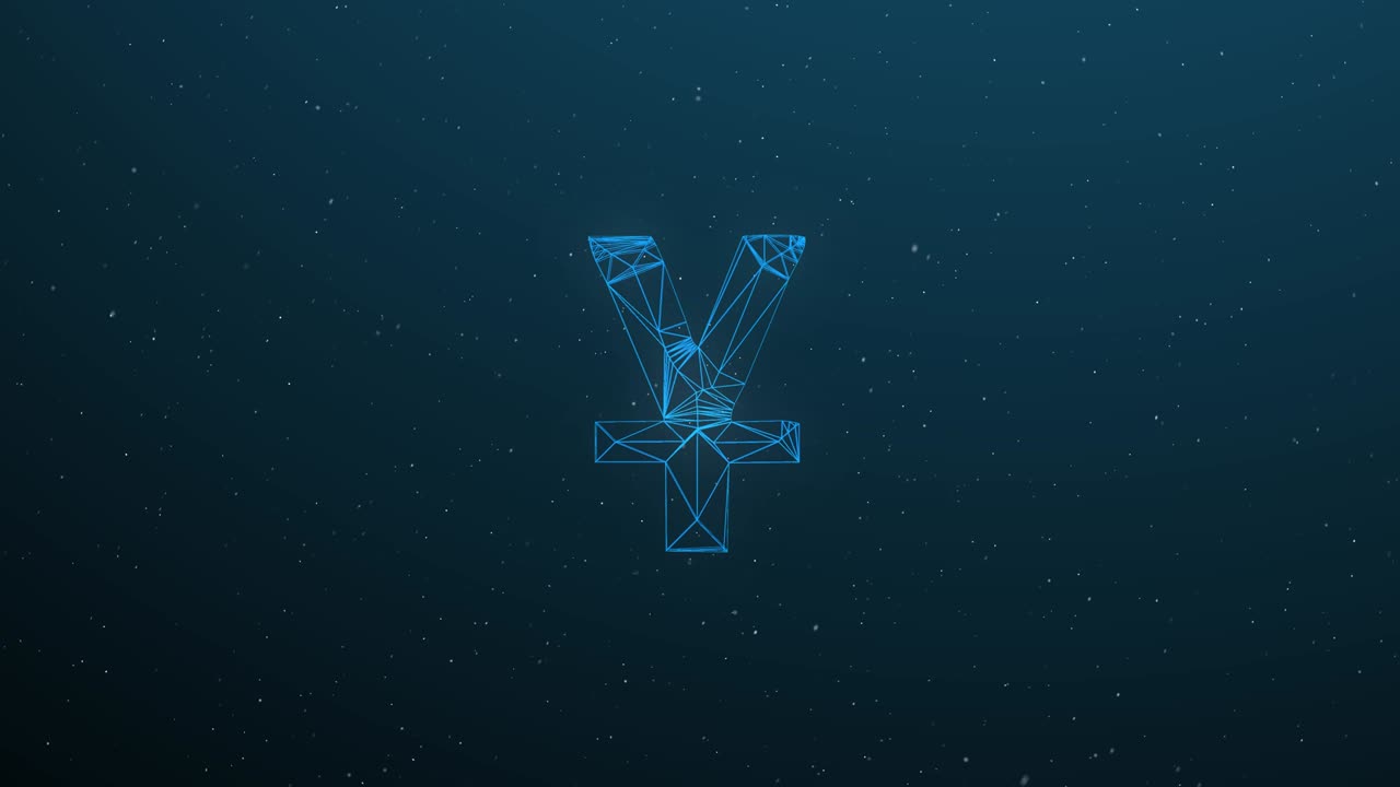 어두운 파란색 배경에 추상적인 다각형 유안 기호 비즈니스 및 기술 개념