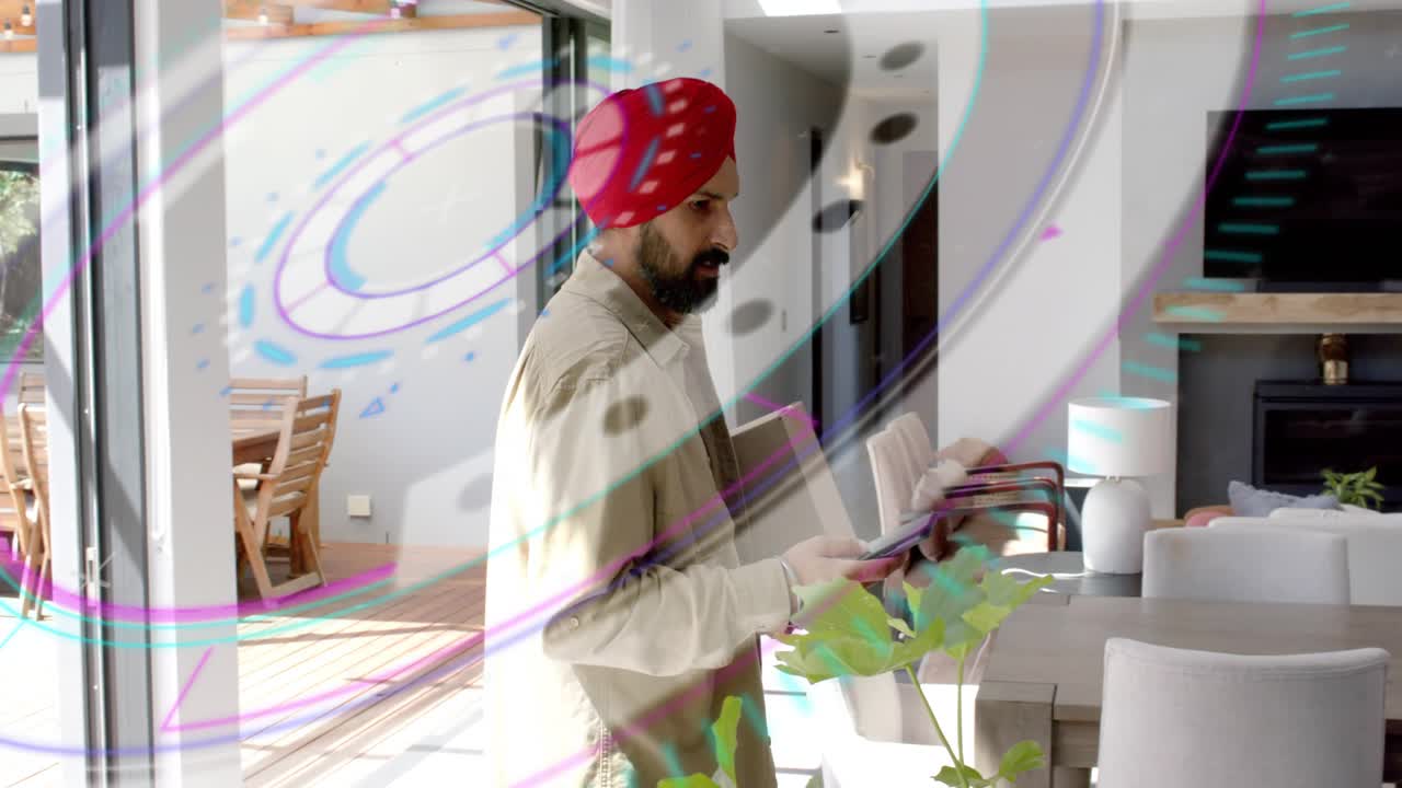 Man entering sliding door, checking phone, holding box, inspecting while overlay showing delivery