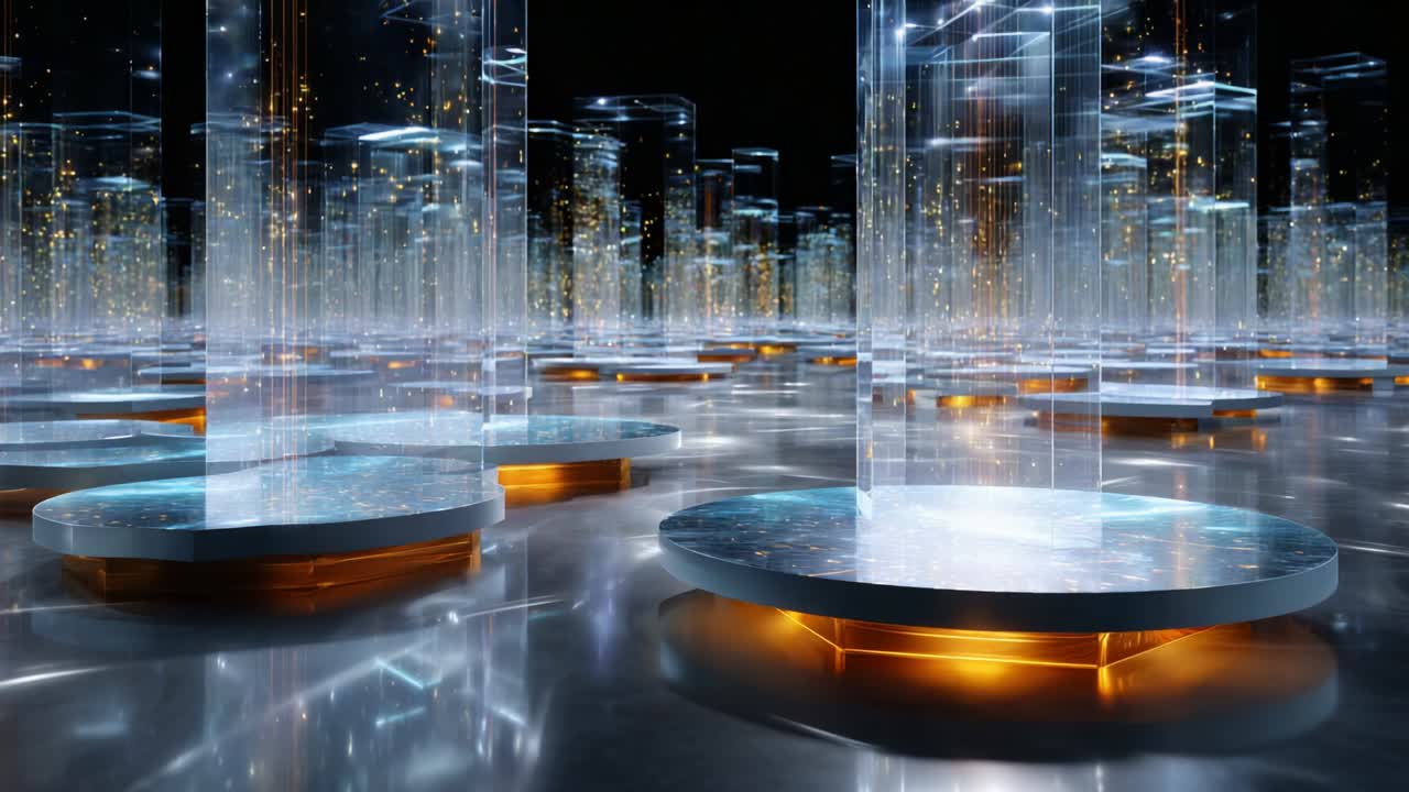 A futuristic digital landscape showcasing illuminated platforms and transparent structures, creating an awe-inspiring atmosphere filled with vibrant lights and high-tech design elements that captivate and inspire innovation