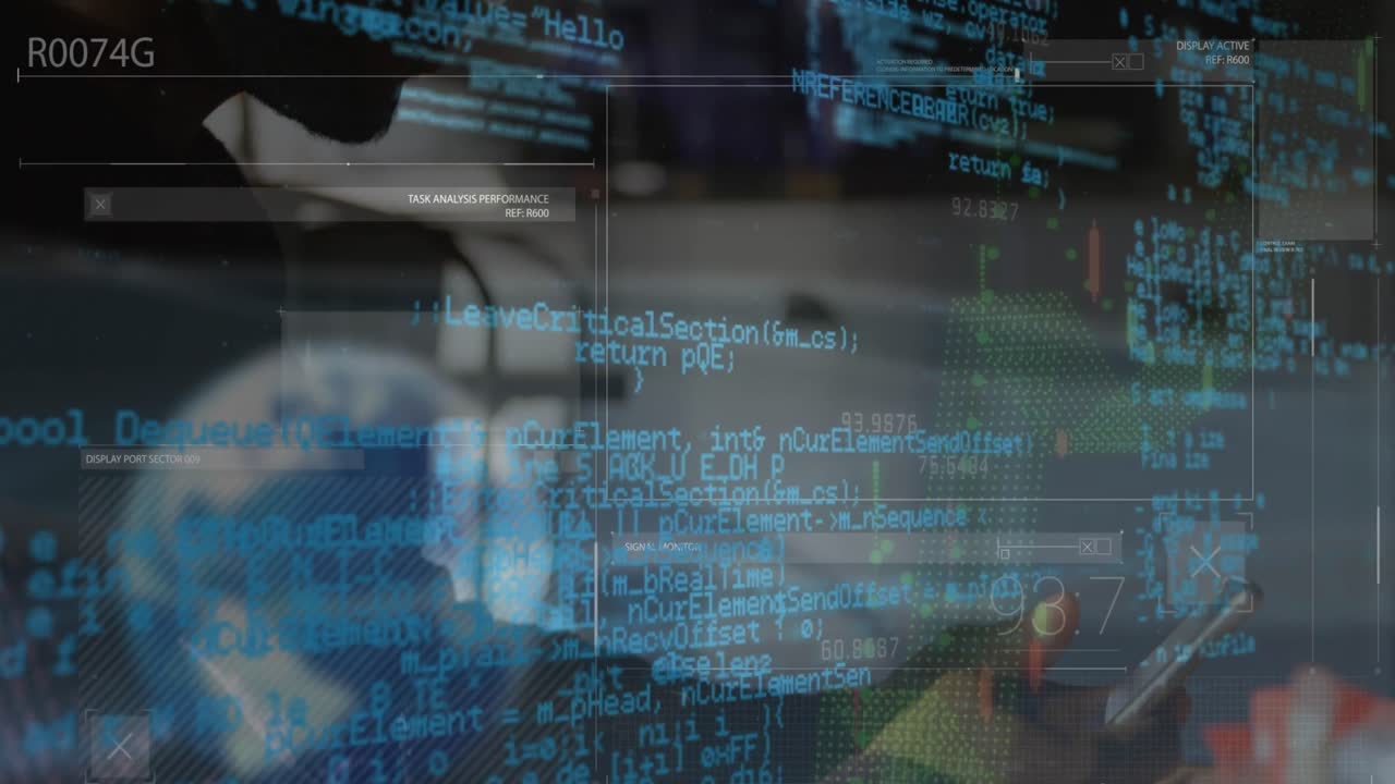 Animation of data processing over globe against african american man using smartphone at office