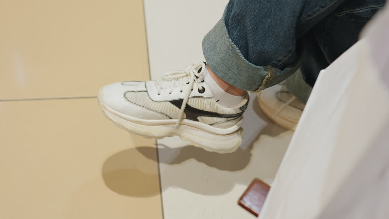 타일 바닥 위에 놓인 흰색 스니커즈, 커프 데님과 편안한 자세, 상점 입구 옆에 앉아 휴대폰을 가까이 둔 쇼핑객의 자연스러운 클로즈업, 은은한 그림자와 부드러운 쇼핑몰 조명이 한가로운 기다림을 전달해요