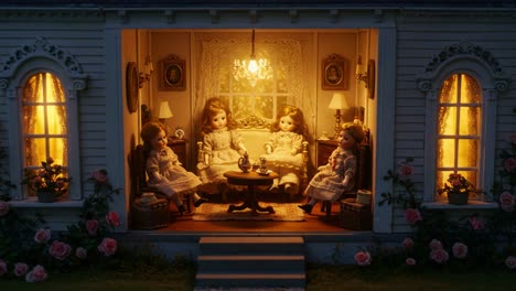 a charming scene featuring delicate dolls in a cozy parlor setting, exudes nostalgia with warm lighting and intricate details in a miniature home interior