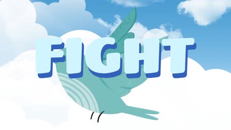 Animation-of-fight-text-over-bird-and-sky-with-clouds