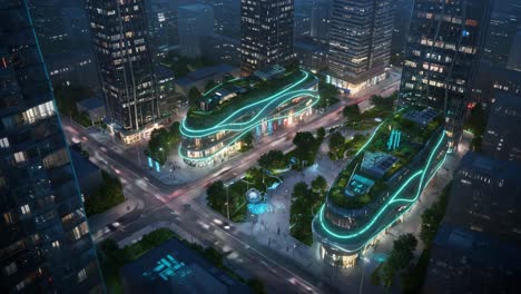 aerial view of a modern urban complex at night with vibrant neon lights and lush rooftop gardens surrounded by skyscrapers and busy streets