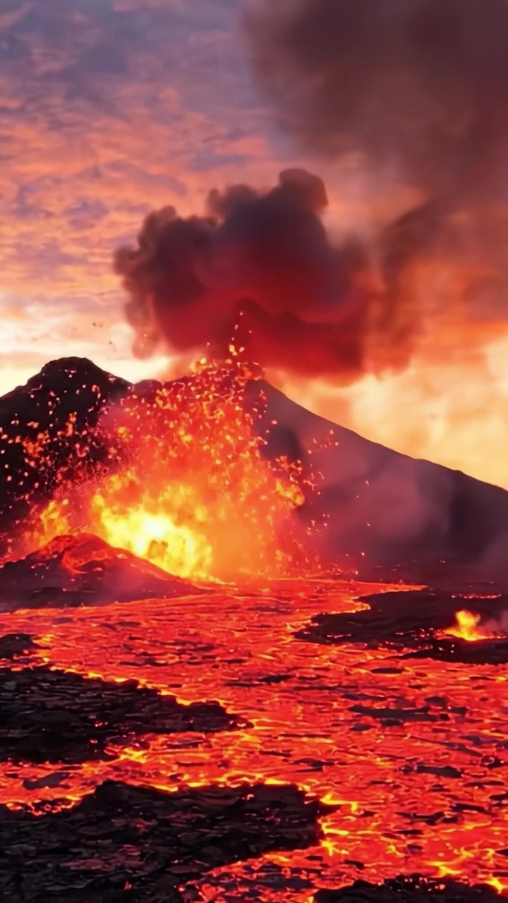 Majestetisk utbrudd: En spektakulær visuell fremvisning av vulkansk aktivitet med lava som strømmer kraftig, og fremhever den rå kraften og naturlige skjønnheten i planetens geologiske krefter