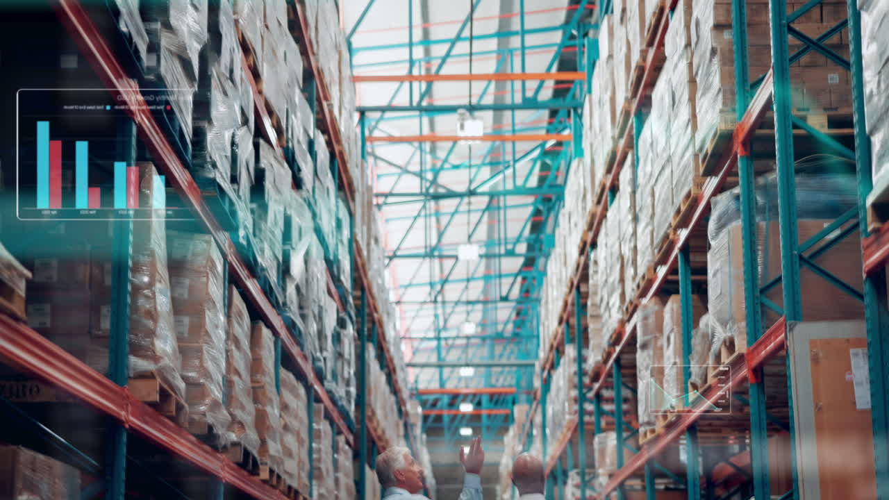 Two Men Inspecting Warehouse Inventory with Augmented Reality Data
