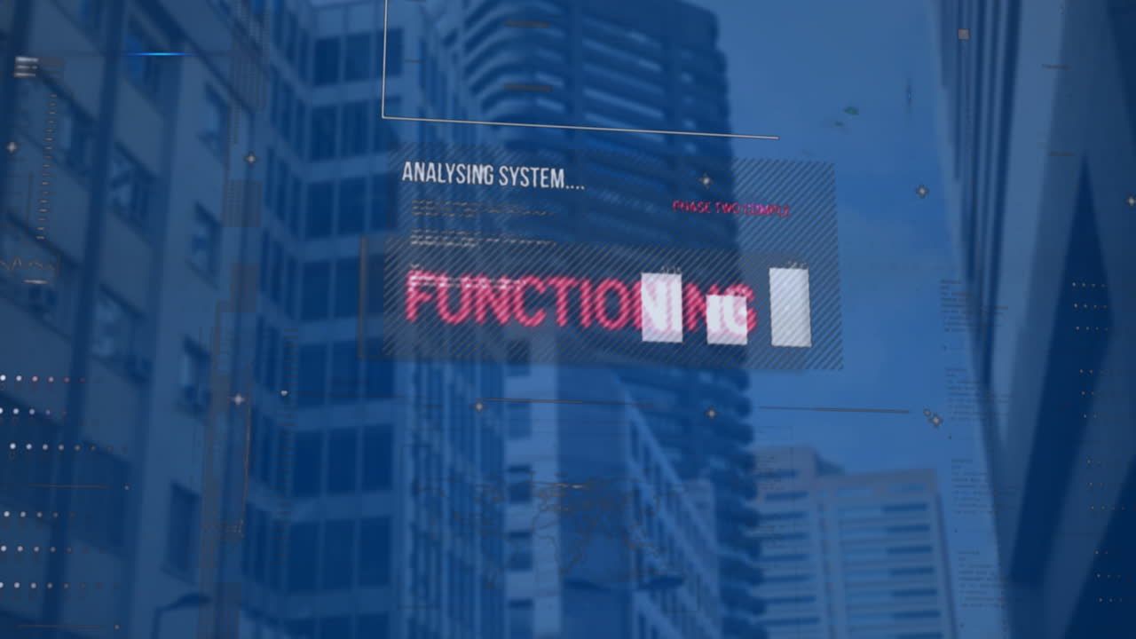 animación del procesamiento de datos financieros sobre el paisaje urbano