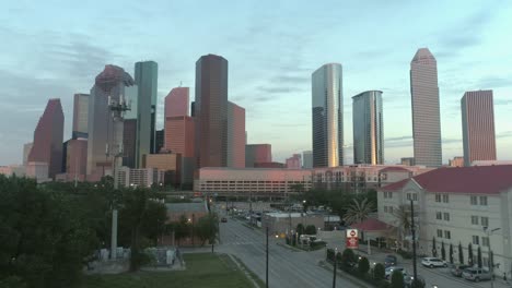 this video is about an aerial of the downtown houston skyline in the evening