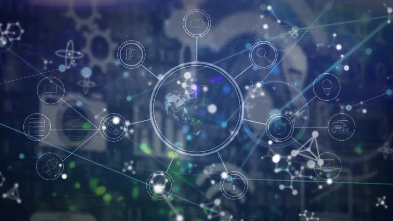 파란색 배경 위에 아이콘으로 연결 네트워크의 애니메이션