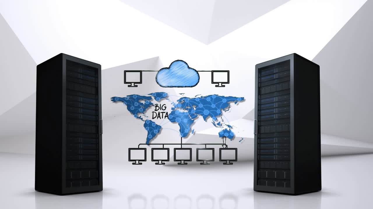Animation of server with big data text and icons over white background
