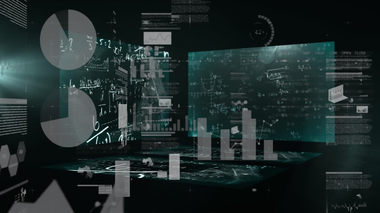 Animation of data processing over screens on black background