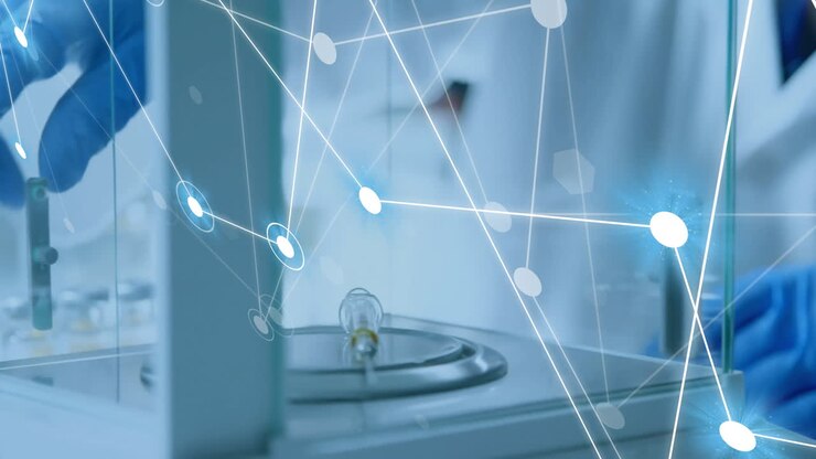 Animation of network of connections over caucasian male scientist working in lab