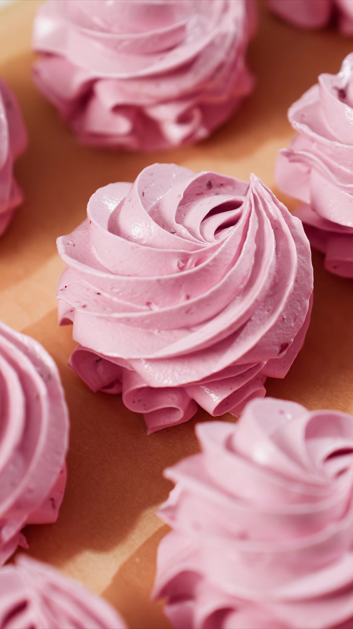 Close up of pink swirled meringue cookies with smooth glossy. Cookies are light purple pink color rose shaped pastries. Background is warm toned surface lighting highlights
