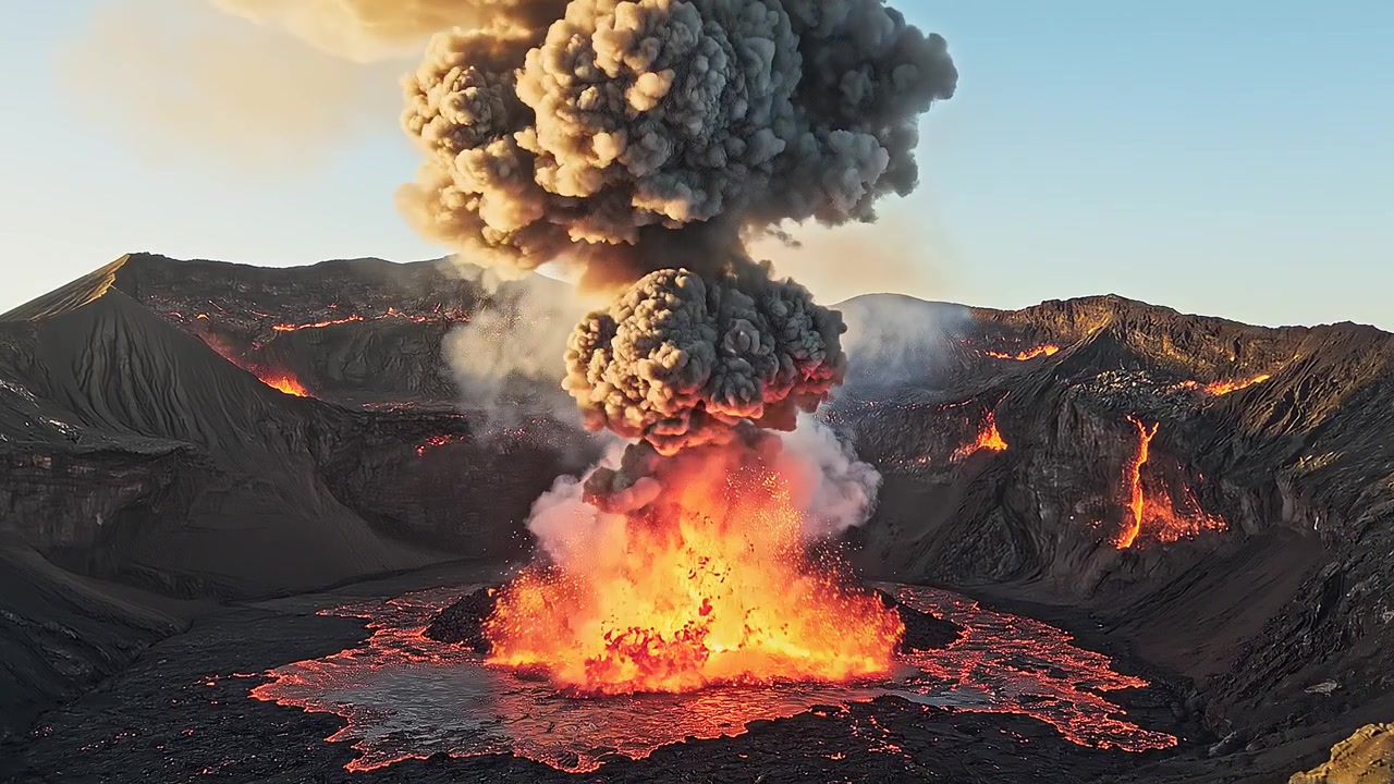 Kraftig vulkanutbrudd med massive askeskyer og glødende lava.