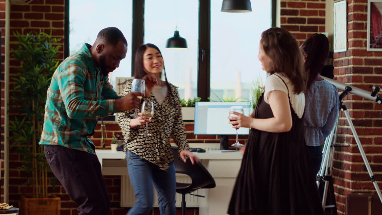 Friends enjoying time spent together, busting into animated dance moves in cozy house
