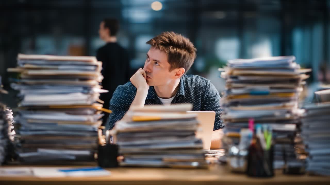 A Young Professional Navigates the Chaos of Overwhelming Paperwork, Balancing Focus and Distraction Amidst a Mountain of Documents and Administrative Tasks