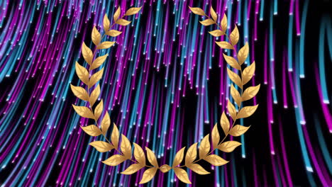 animation of gold laurel wreath over falling pink and blue light trails on black background