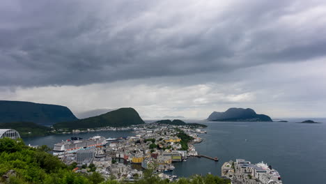 Timelapse-of-grey-clouds-moving-over-Alesund-Norway,-view-from-Aksla-viewpoint