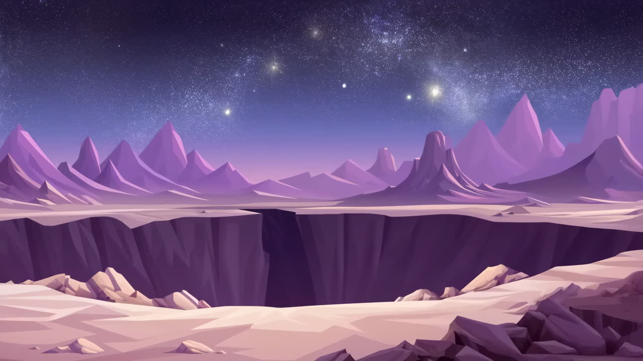 Vidstrakt fremmed landskap med lilla fjell og stjerneklar nattehimmel