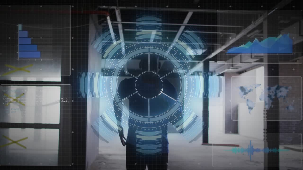 Man walking corridor while HUD ring appearing scanning torso and updating technology charts