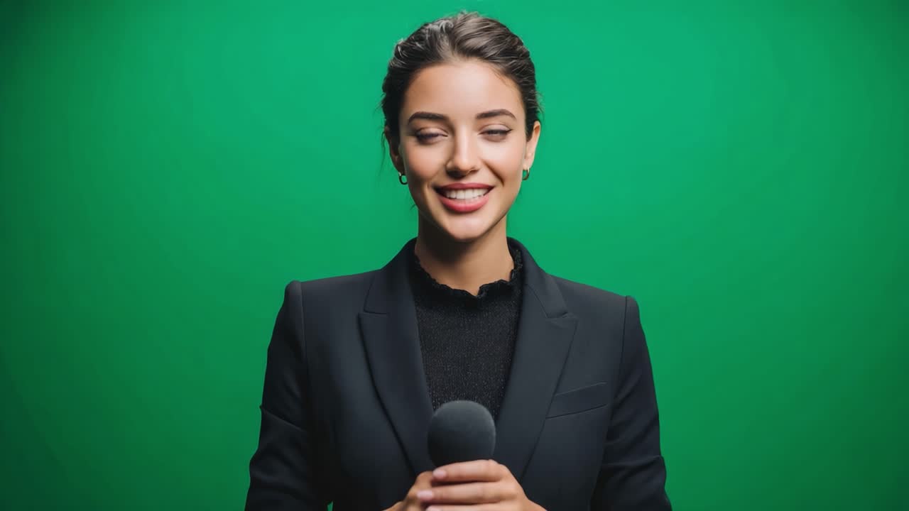 Confident Presenter in a Professional Setting: A Smiling Host in Front of a Green Background with a Microphone, Portraying Engagement and Charisma