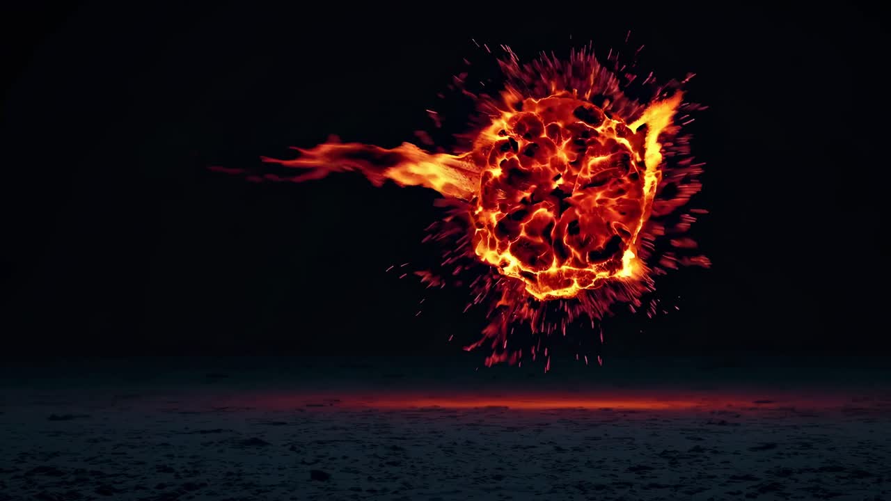 A fiery, exploding sphere captured from a low-angle shot, showcasing dynamic energy and motion