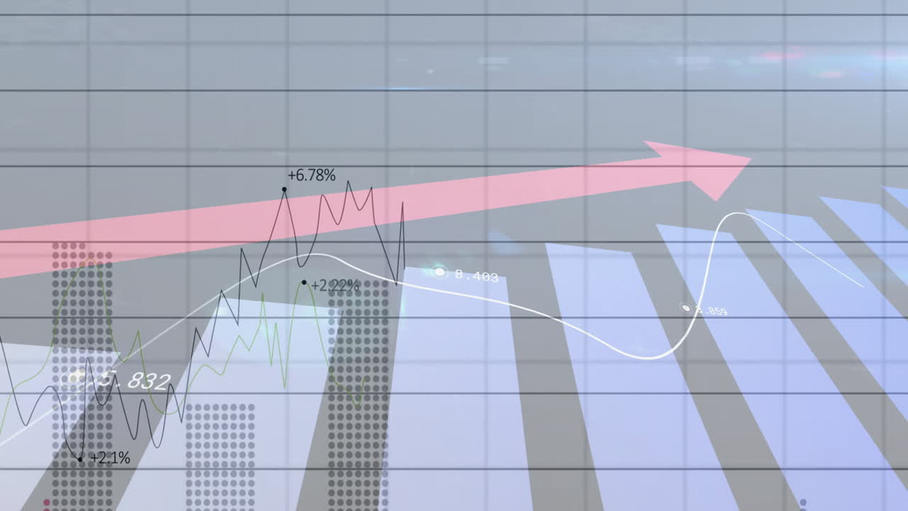 Financial data charts rising over glass-paneled grid, showing pink arrow trending upward