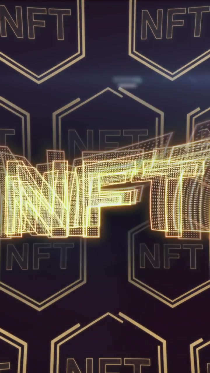 Animazione di NFT su NFT in esagoni su sfondo blu navy.