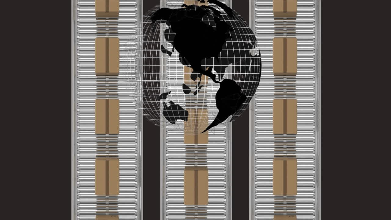 animación de un globo sobre cajas de cartón que se mueven en cintas transportadoras