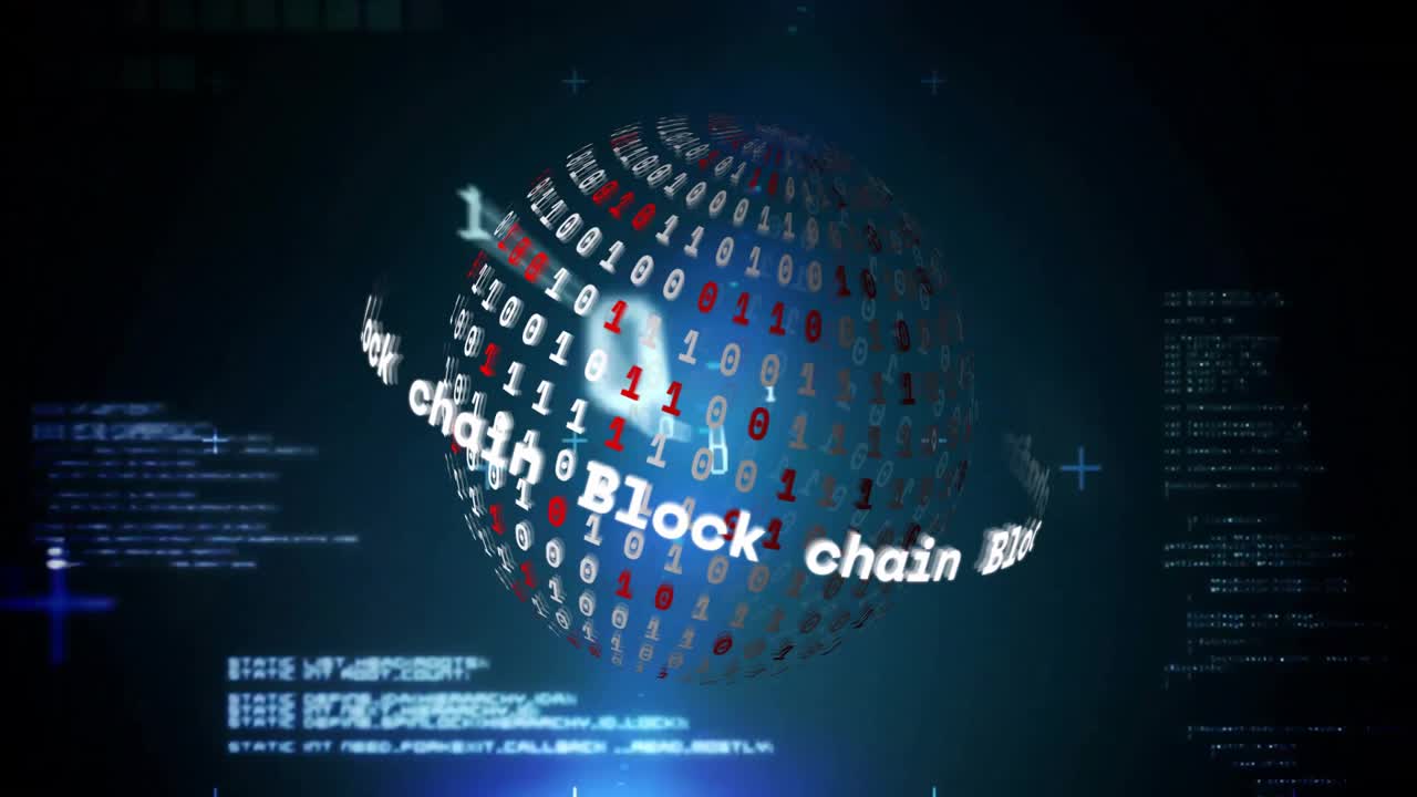 code panels fading in, 3D binary globe emerging and blockchain ring rotating to show data security